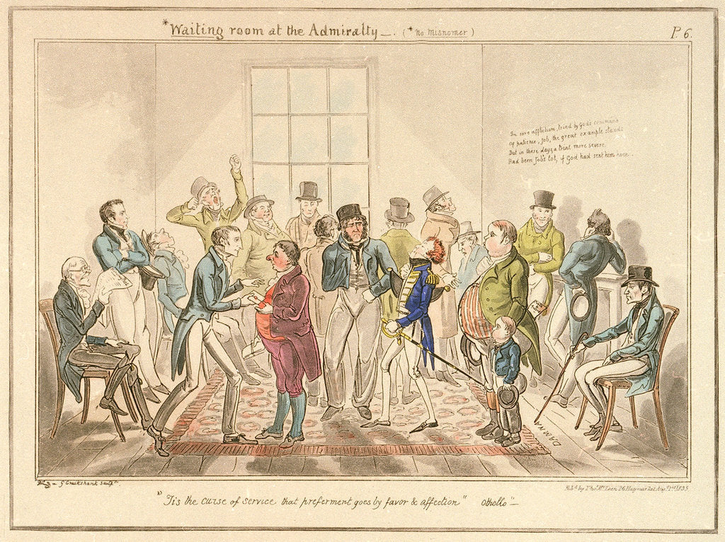 Detail of Midshipman Blockhead, Waiting room at the Admiralty by George Cruikshank