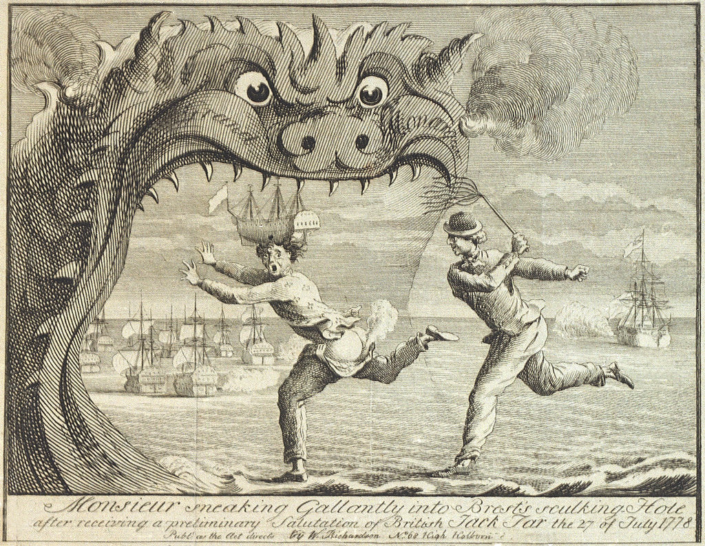 Detail of Monsieur sneaking Gallantly into Brest's sulking Hole after receiving a preliminary salutation of British Jack Tar the 27 of July 1778 by W. Richardson