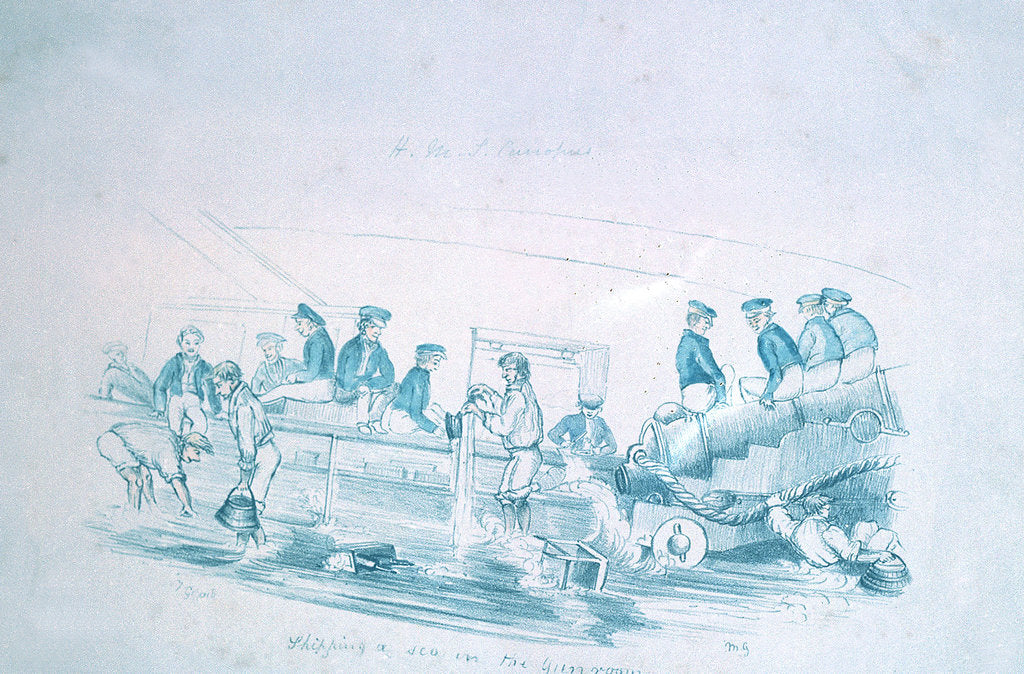 Detail of Shipping a sea in the Gun room by F. Gillarb