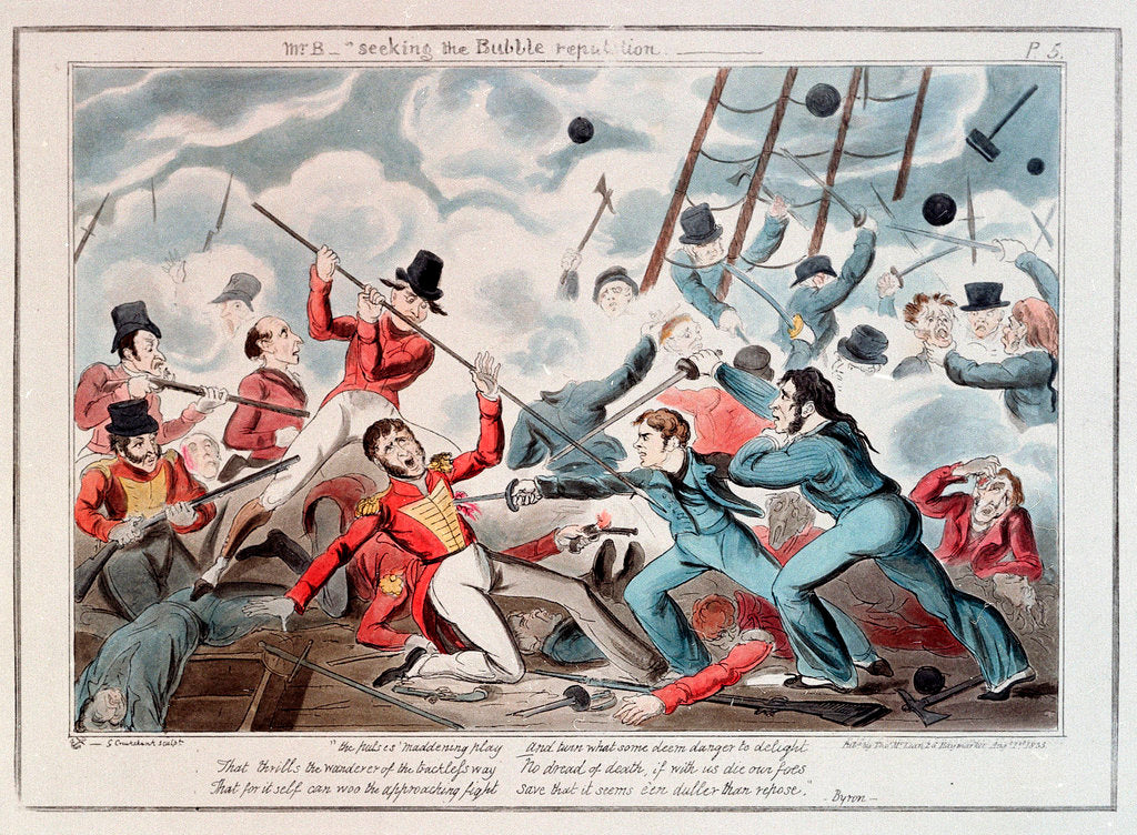 Detail of Midshipman Blockhead, Mr B seeking the Bubble reputation by George Cruikshank
