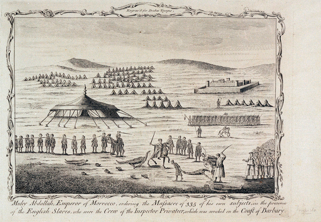 Detail of Muley Abdallah, Emperor of Morrocco, ordering the massacre of 335 of his own subjects in the presence of the English slaves, who were the crew of the Inspector privateer, which was wrecked on the coast of Barbary. Engrav'd for Drakes Voyages' by unknown