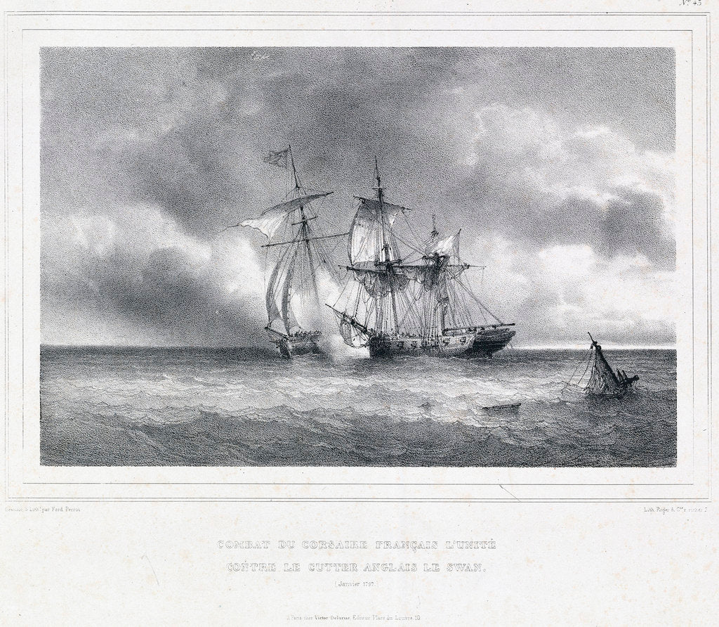 Detail of Combat du corsaire Francais L' Unite contre le cutter Anglais Le Swan (Janvier 1797) by Ferdinand Victor Perrot