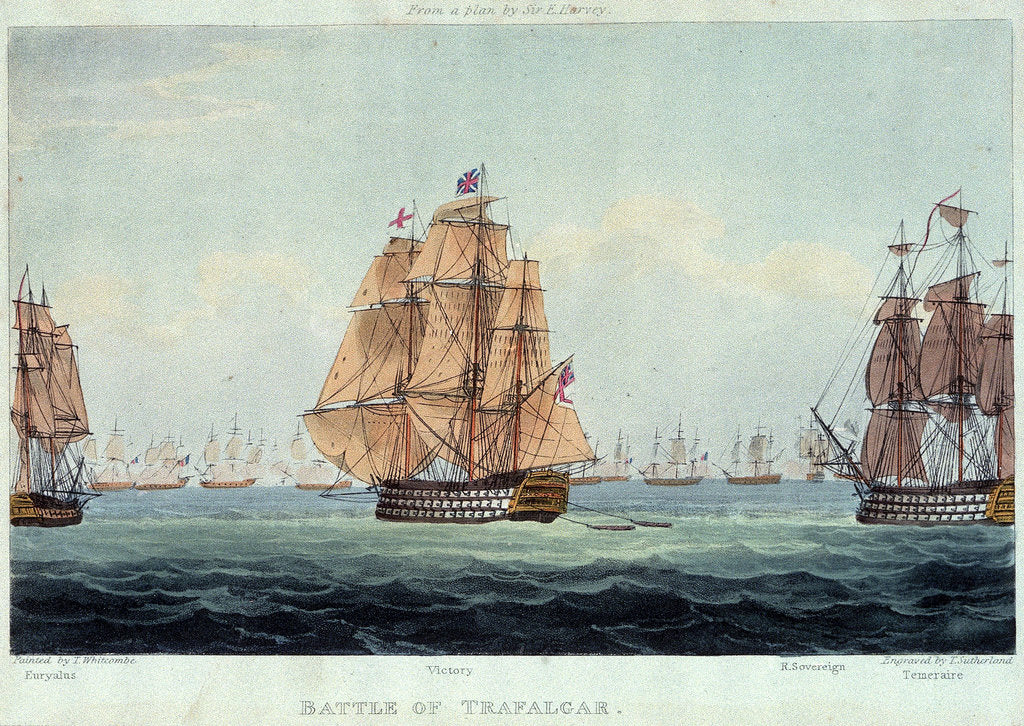 Detail of Battle of Trafalgar: 'Euryalus', 'Victory', 'Royal Sovereign' and 'Temeraire' by Thomas Whitcombe