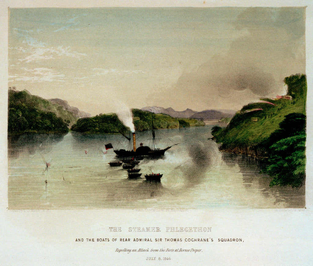 Detail of The steamer 'Phlegethon' and the boats of Rear Admiral Sir Thomas Cochrane's squadron repelling an attack from the forts at Borneo Proper, 8 July 1846 by L.G. Heath