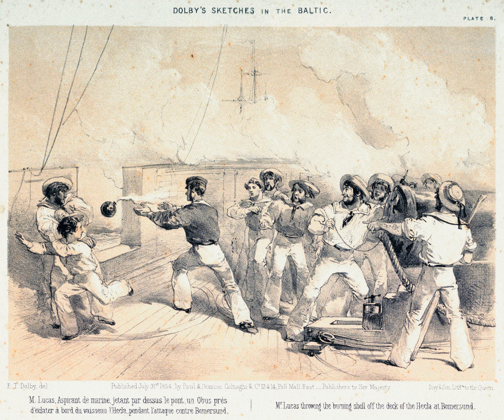 Detail of Dolby's sketches in the Baltic. Mr Lucas throwing the burning shell off the deck of the Hecla at Bomersund by E T Dolby