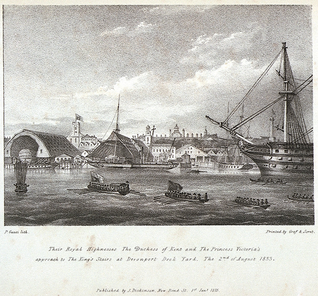 Detail of Their Royal Highnesses The Duchess of Kent and The Princess Victoria's approach to the King's stairs at Devonport Dock Yard The 2nd of August, 1833 by P Gauci