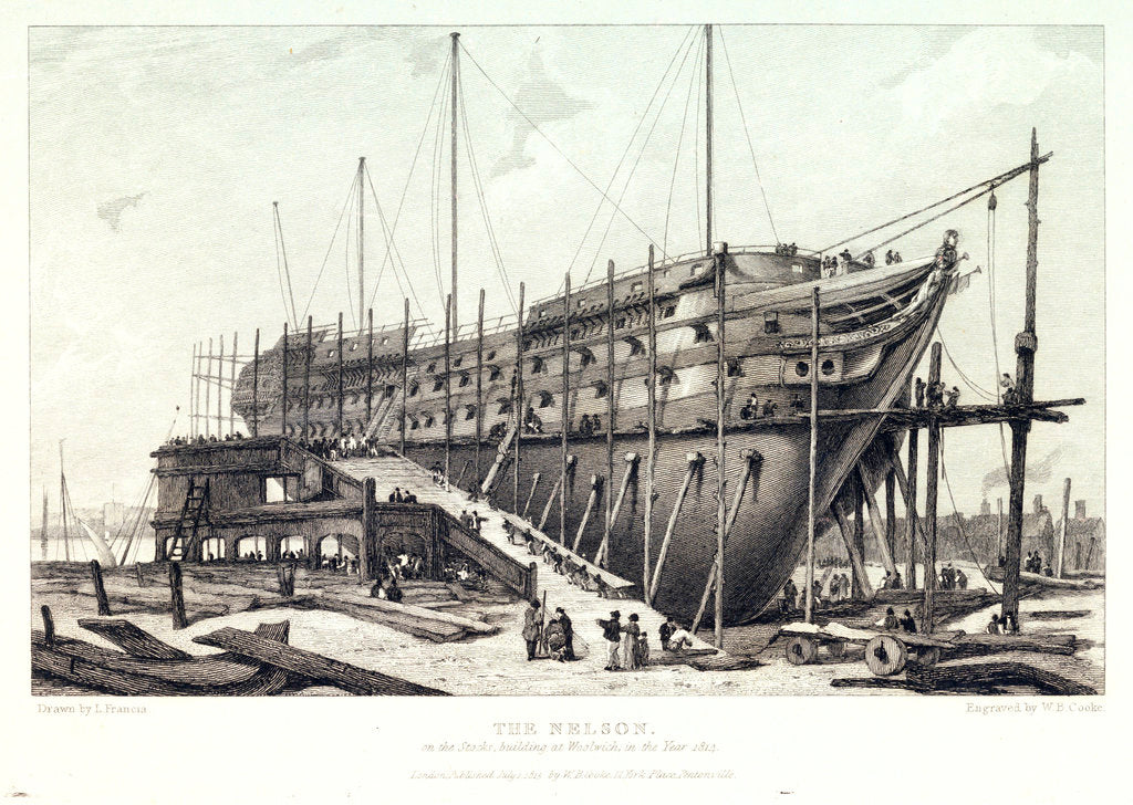 Detail of The 'Nelson' on the stocks, building at Woolwich in 1814 by L. Francia