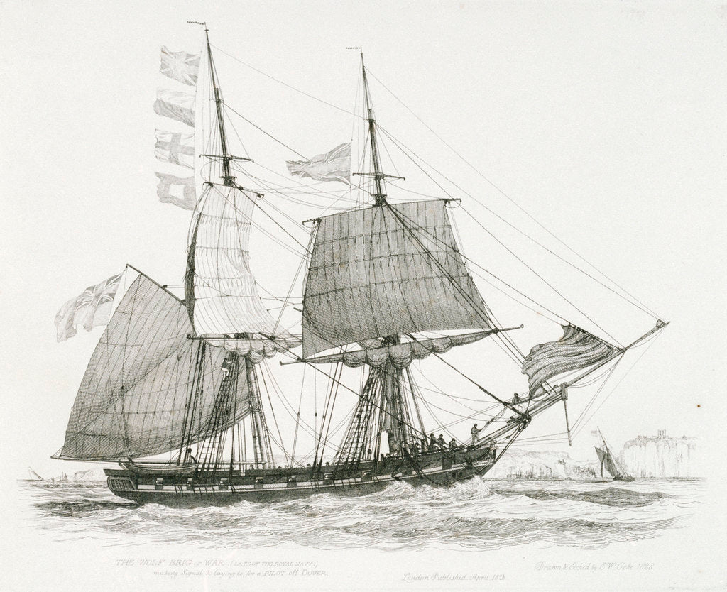 Detail of The 'Wolf' (1826) [or (1814)] brig of war (late of the Royal Navy) making Signal and laying to, for a pilot off Dover by Edward William Cooke