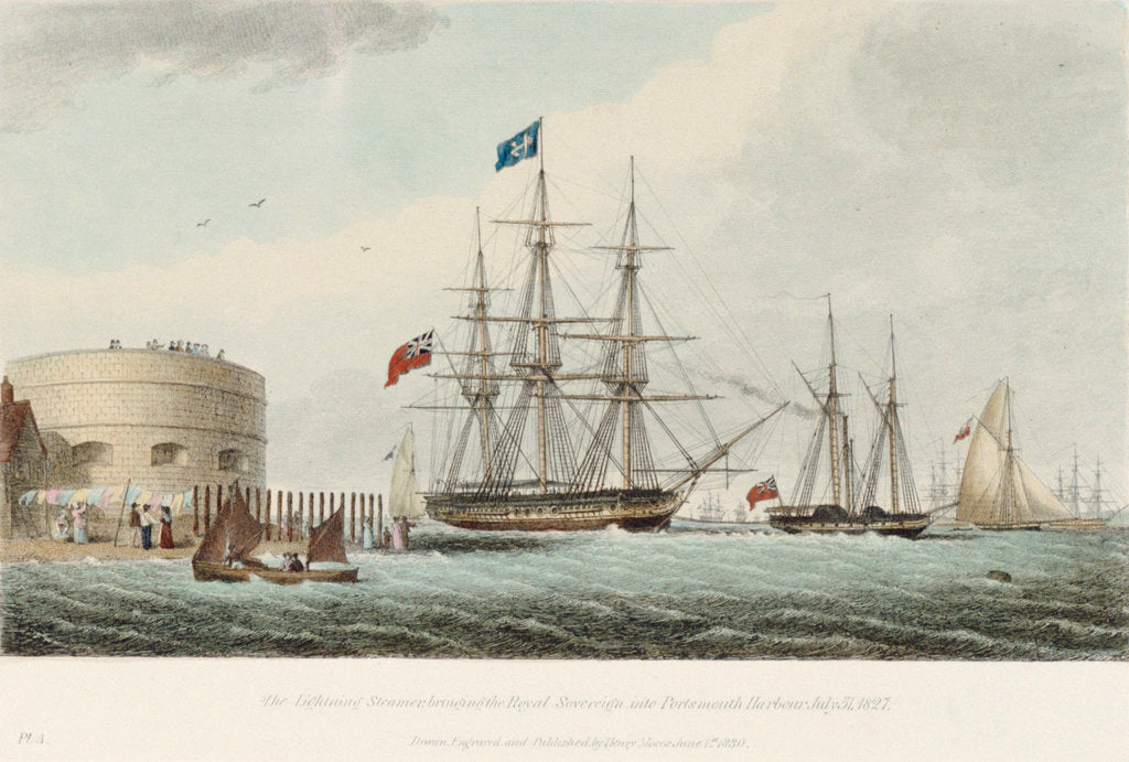Detail of The Lightening Steamer bringing the Royal Sovereign into Portsmouth Harbour, 31 July 1827 by Henry Moses