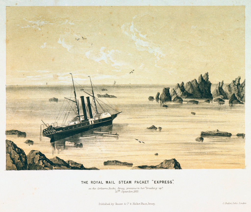 Detail of The Royal Mail steam packet 'Express' on the Corbierre Rocks, Jersey, previous to her breaking up on the 20 September 1859 by C. Chabot