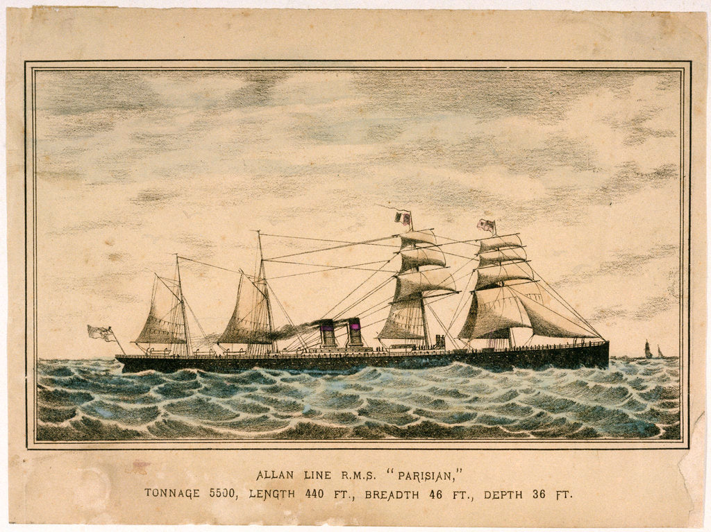 Detail of Allan Line RMS 'Parisian', tonnage 5500, length 440ft, breadth 46ft, depth 36ft by unknown
