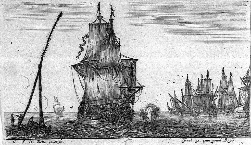 Detail of Man of war passing a beacon by Stefano Della Bella