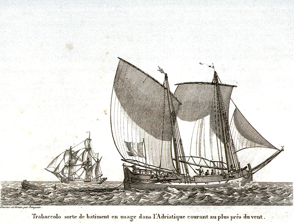 Detail of Trabaccolo sorte de batiment en usage dans l' Adriatique courant au plus pres du vent by JJ Baugean