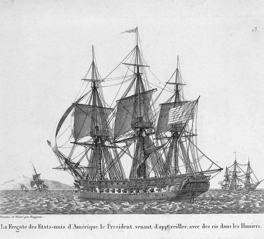 Detail of La Fregate des Etats-unis d' Amerique, le President venant d'appareiller, avec des ris dans les Huniers. Plate 13 in Collection de Toutes les Especes de Batimens.... 2eme Livraison by Baugean