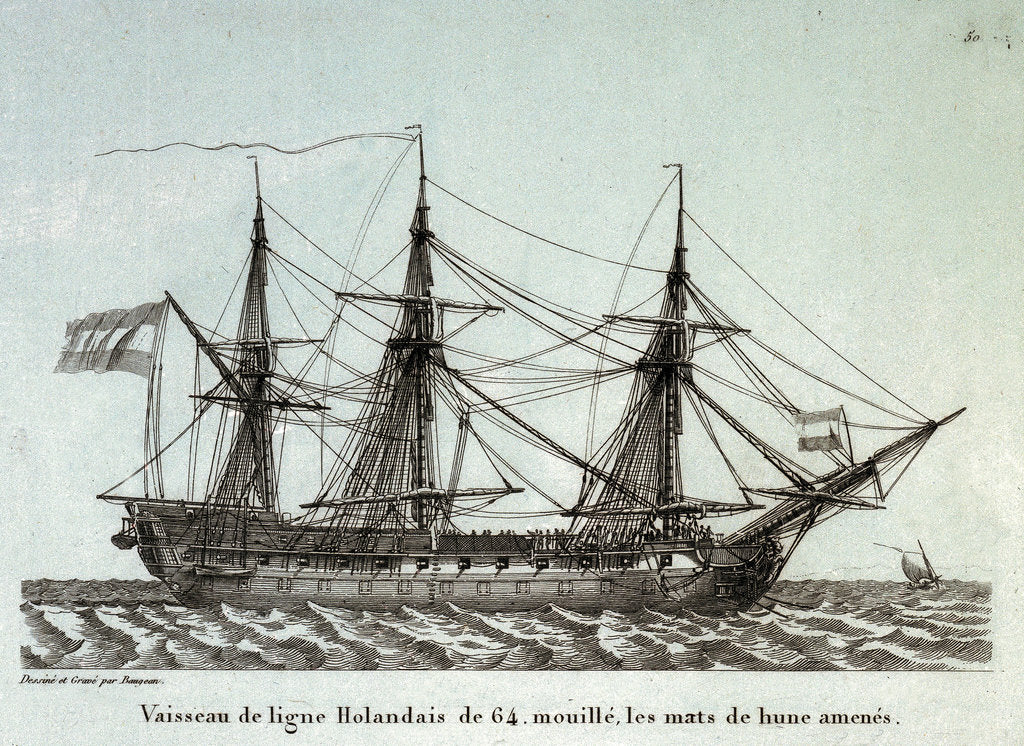 Detail of Vaisseau de ligne Holondais de 64. mouille, les mats de hune amenes. Plate 50. in Collection de Toutes les Especes de Batimens... 5eme Livraison by Baugean