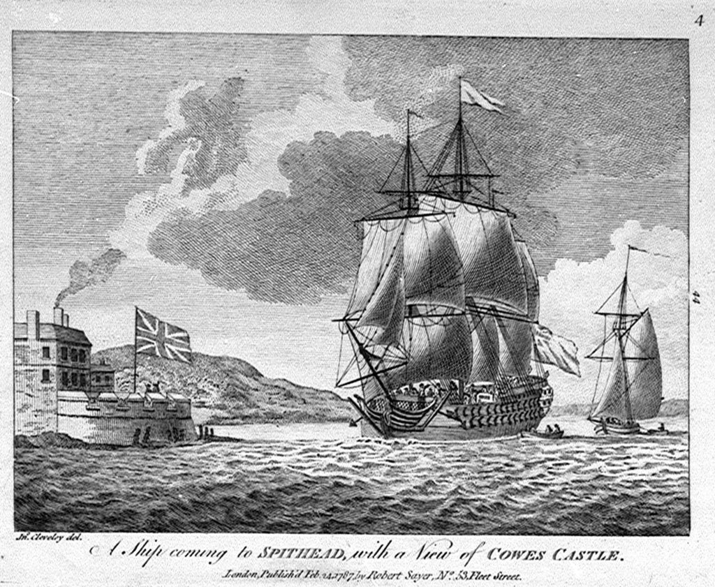 Detail of A Ship coming to Spithead, with a view of Cowes Castle by John Cleveley