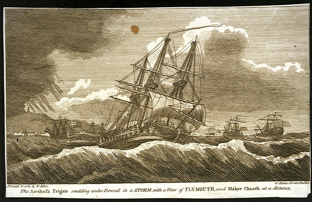 Detail of The 'Arethusa' frigate scudding under Foresail in a storm, with a view of Plymouth, and Maker Church at a distance by William Allen