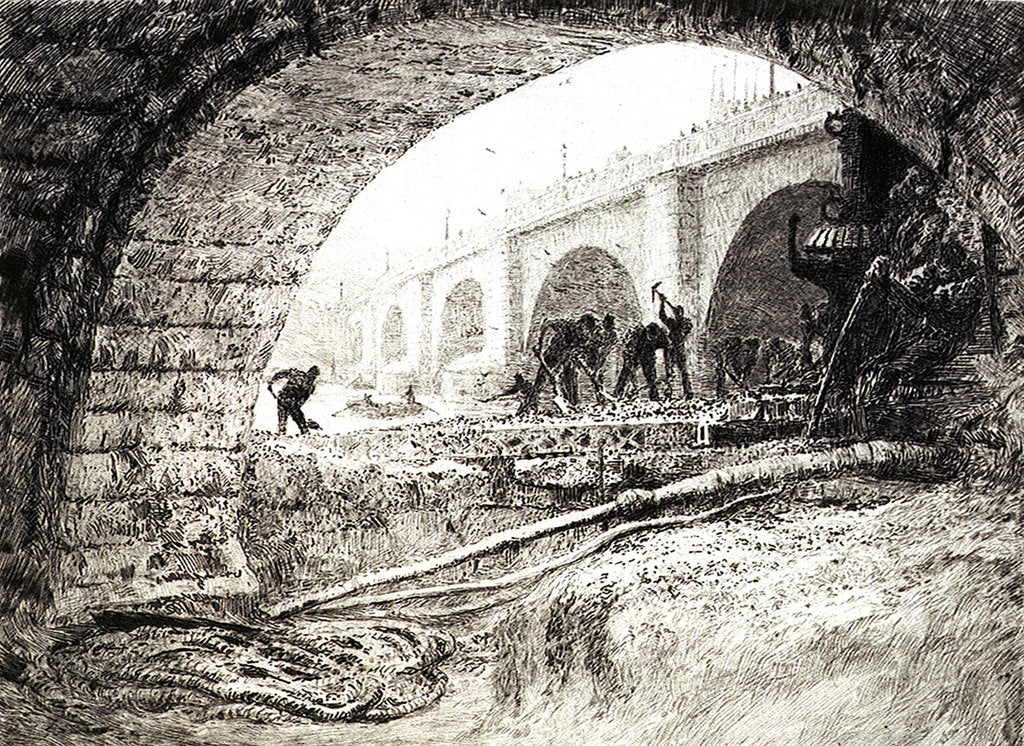 Detail of London Bridge, and tip of tower of Southwark Cathedral, from north bank of River Thames (site of Adelaide House) with workmen under archway by William Lionel Wyllie