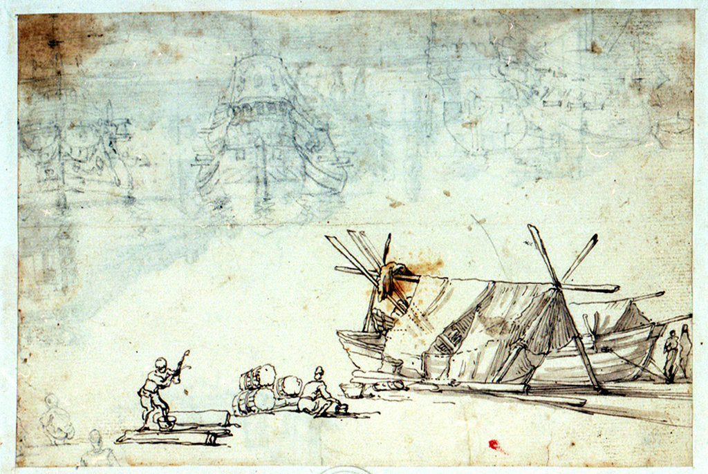 Detail of Study of men working on Mediterranean craft with studies of a warship by Abraham Casembrot