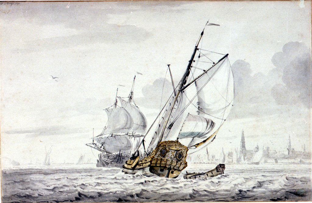 Detail of A Dutch Yacht beating out of a harbour off Kampsen by Wigerus Vitringa