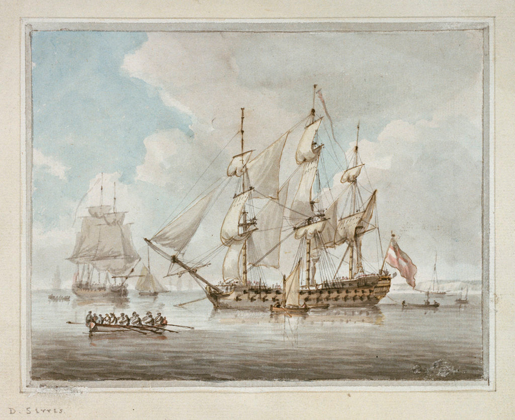 Detail of A two-decker at anchor drying sails by Dominic Serres