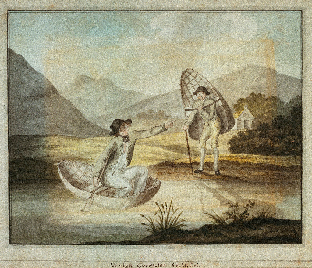 Detail of 'Welsh Corricles': two young gentlemen take to the water in their coracles by WAE