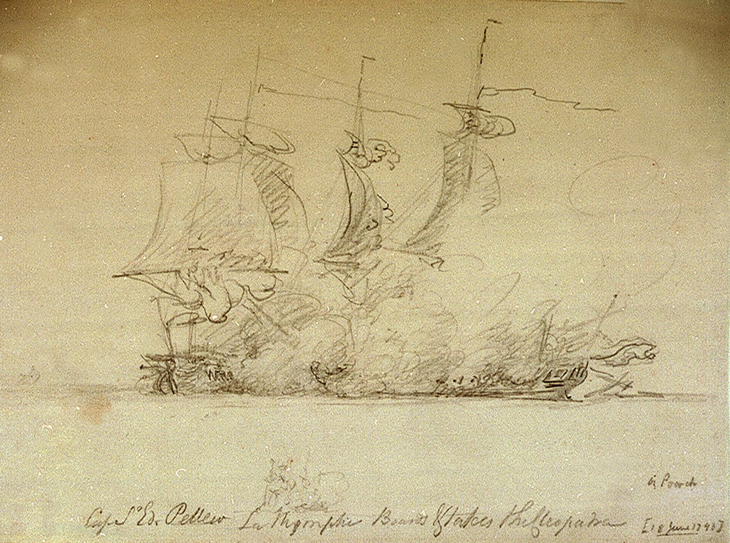 Detail of Captain Sir Edward Pellew's 'Nymphe' boards and takes the 'Cleopatra', 18 June 1793 by Nicholas Pocock