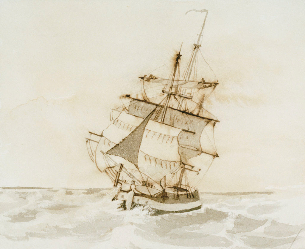 Detail of Merchant ship shortening sail in a fresh breeze by British School