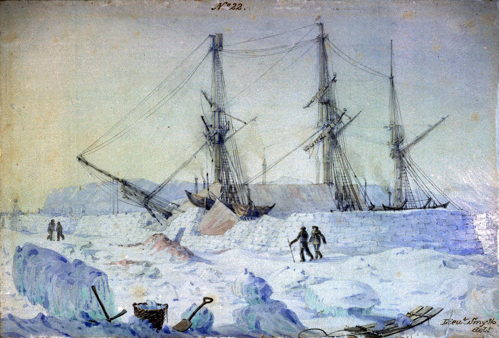 Detail of No.22 is a view of the Port side of the ship with an effect of sunrise in February 1837 and shewing the state of the snow walls at that time by William Smyth