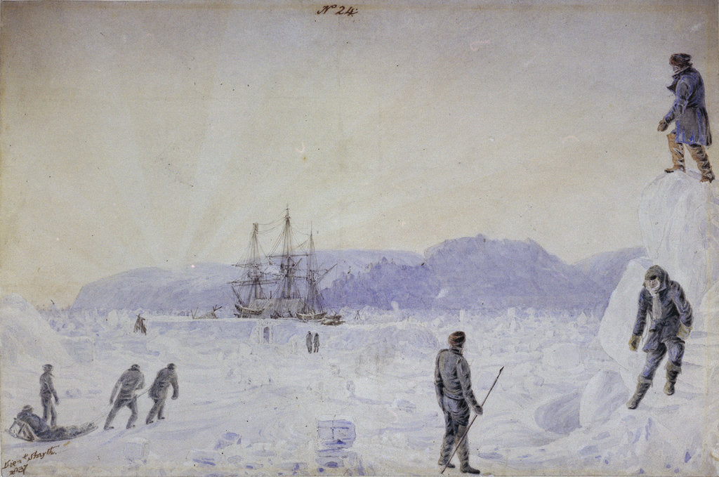 Detail of No.24 View of HMS Terror surrounded by snow walls and part of Southampton Island with an effect of sunrise, Jan 1837 by William Smyth
