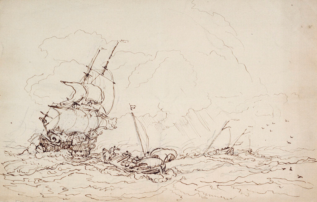 Detail of Study for a painting with 17th century shipping by Oswald Walter Brierly
