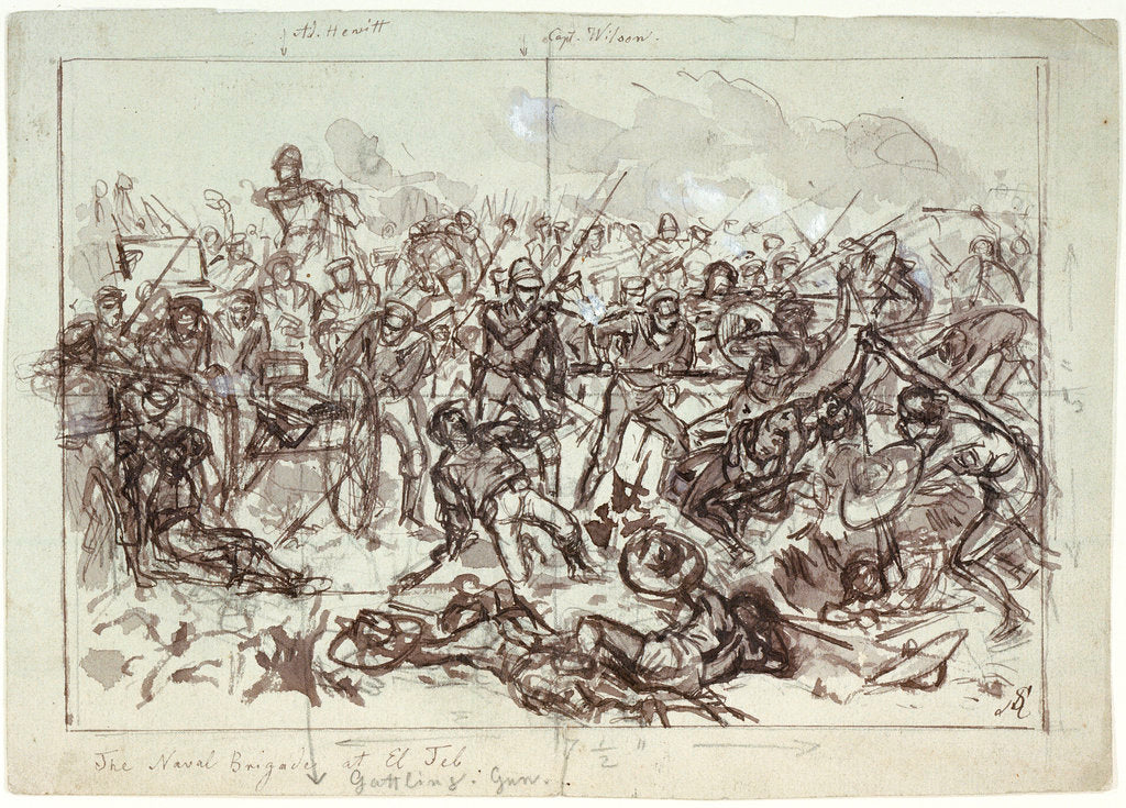 Detail of The Naval Brigade (Officers of HMS 'Euryalus' and 'Carysfort') with Gatling guns, repelling an attack at El Jeb, Upper Egypt, 29 February 1884 by AS