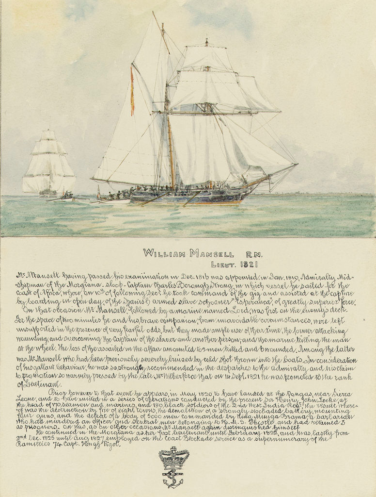 Detail of Boarding of the Spanish slave schooner Esperance by midshipman William Mansell commanding the gig of HMS Morgiana December 1817, with a biography of William Mansell below by Irwin Bevan