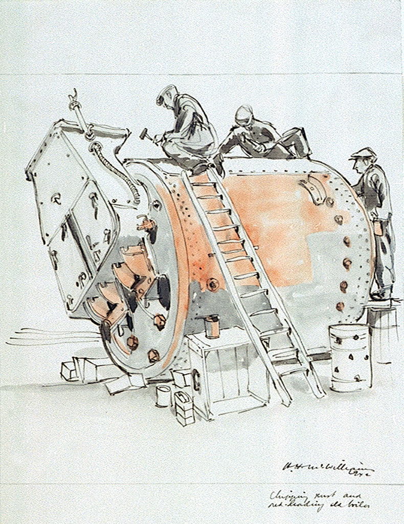 Detail of Chipping rust and red-leading old boiler by Herbert Hastings McWilliams