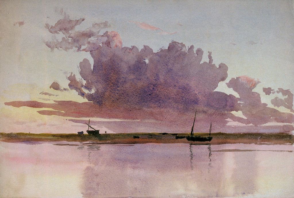 Detail of Study of a small sailing vessel at anchor at sunset by William Lionel Wyllie