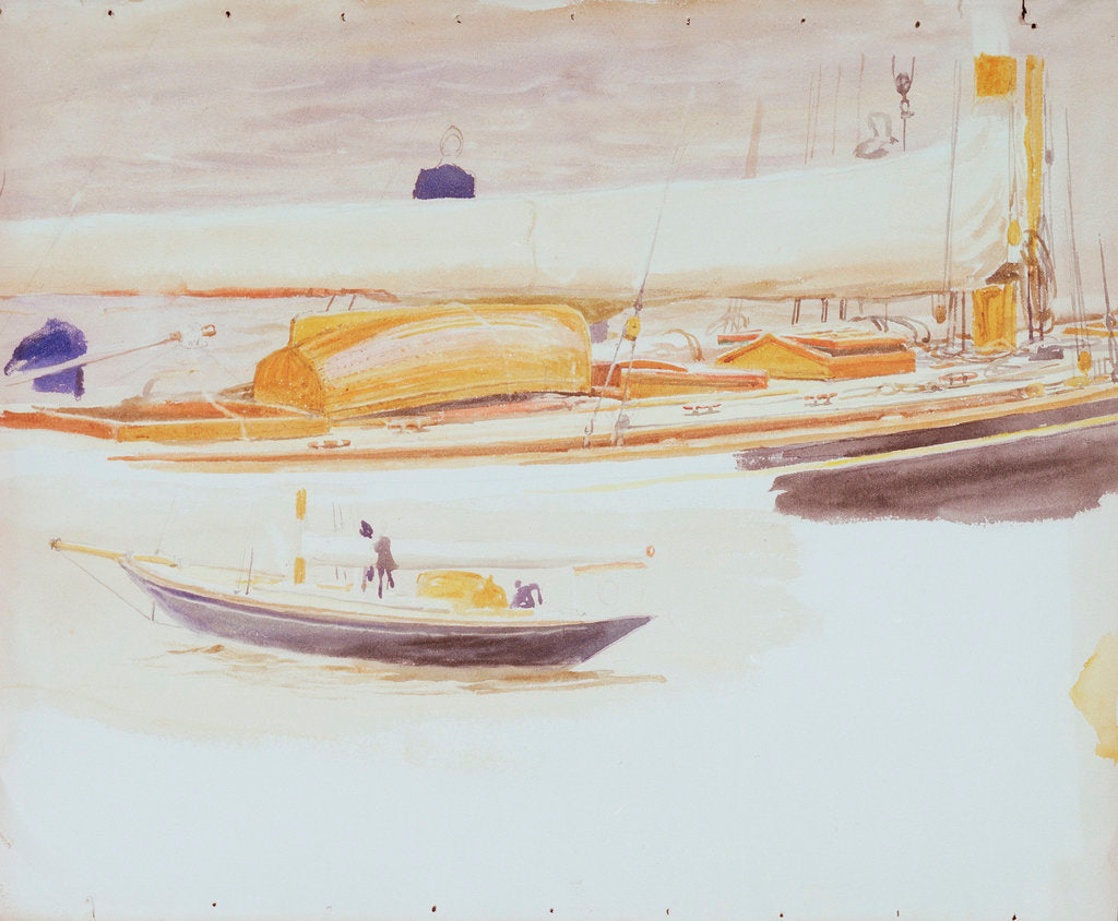 Detail of Study of the deck of a yacht with sketch of yacht, less detailed, below by William Lionel Wyllie