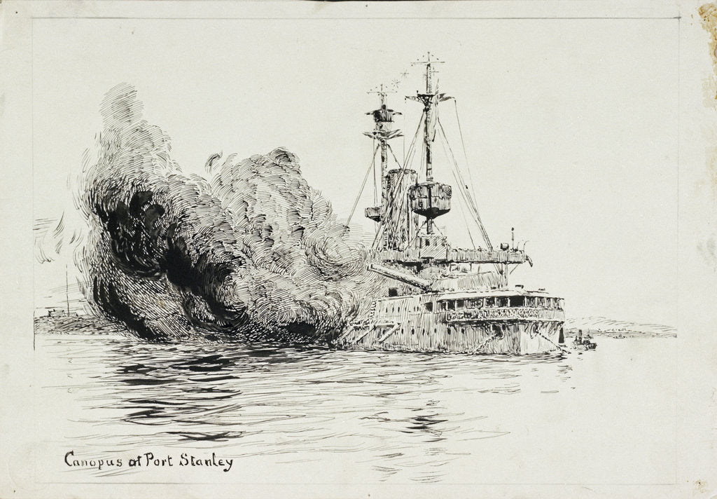 Detail of HMS 'Canopus' at Port Stanley, firing the opening salvoes of the Battle of the Falkland Islands, 8 December 1914 by William Lionel Wyllie