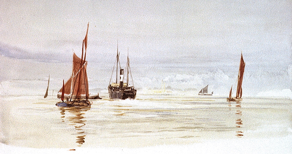 Detail of Sailing barges and a steamer, with a power station in the distance by William Lionel Wyllie