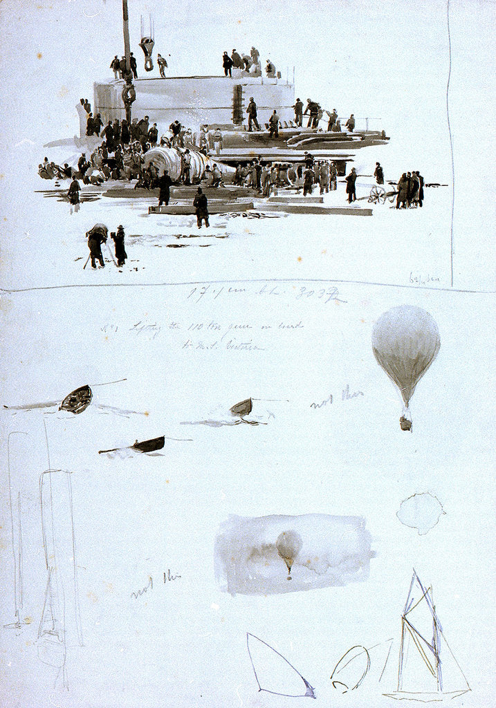 Detail of No 1 Lifting the 110 ton gun on board HMS 'Victoria', with inscription relating to scale of work and sketches of other vessels and a hot-air balloon by William Lionel Wyllie
