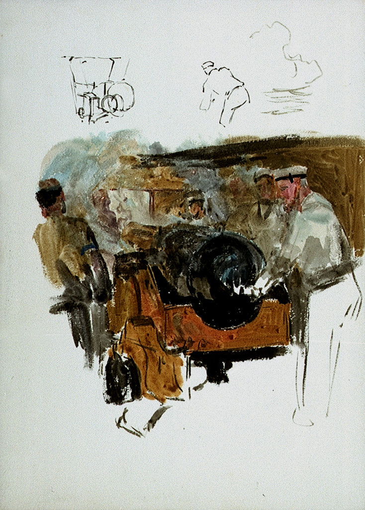 Detail of Scene showing a naval gun-crew at their station, and very rough sketches of sailing vessels on reverse by William Lionel Wyllie