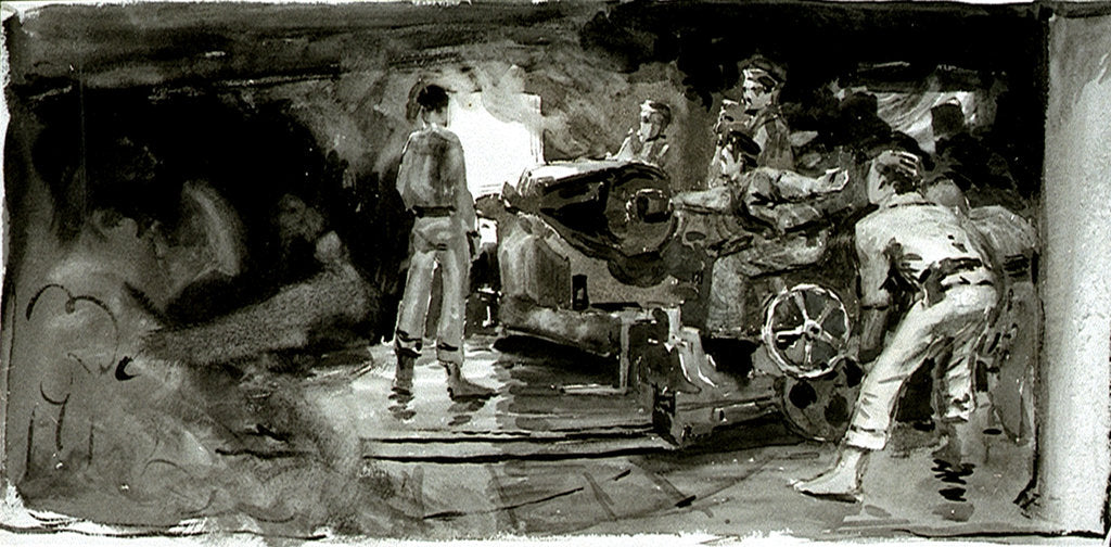 Detail of Scene showing a naval gun crew below decks by William Lionel Wyllie