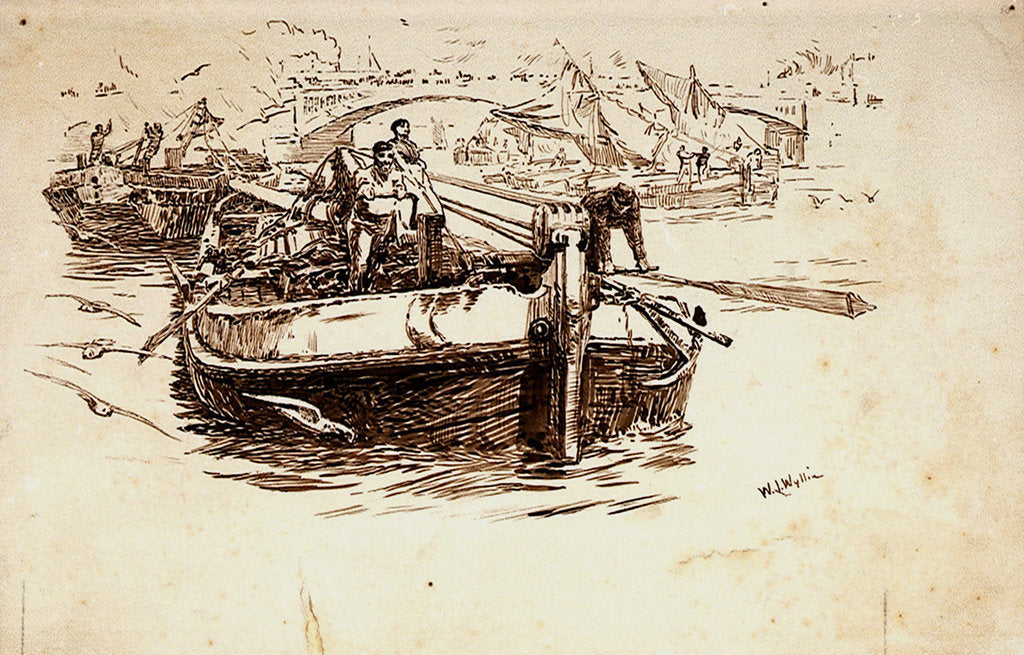Detail of Barges on a river with bridge in the background by William Lionel Wyllie