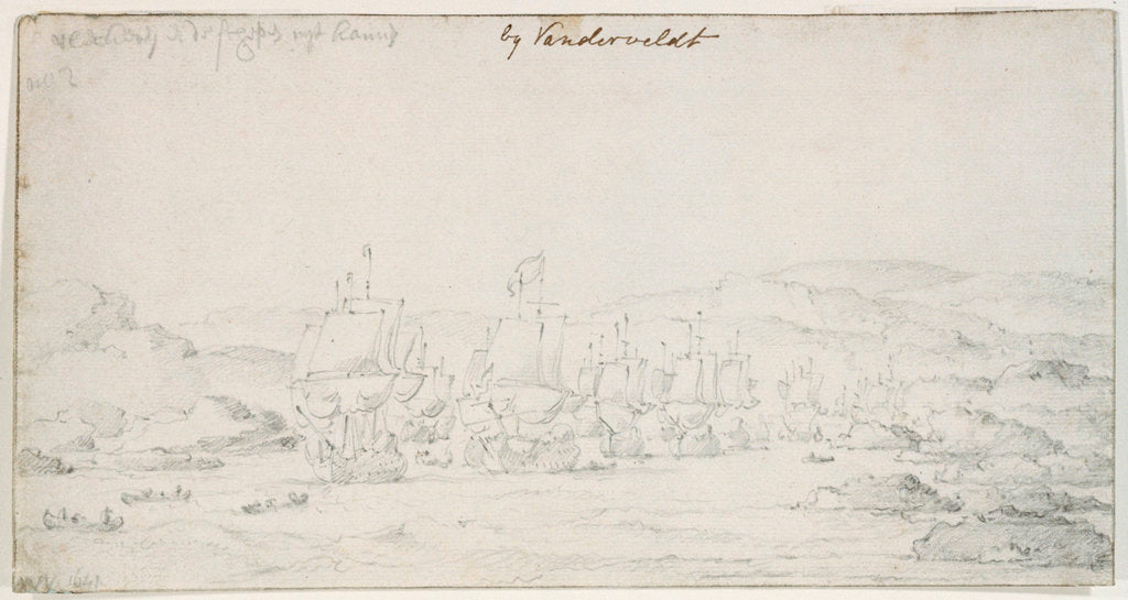 Detail of Ships and flutes sailing out from a fjord, probably Flekker, Norway by Willem van de Velde the Elder