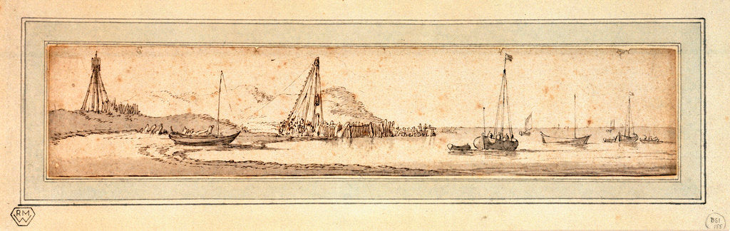 Detail of Coast of Holland showing a pile-driver at work by Willem van de Velde the Elder