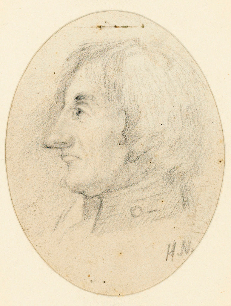 Detail of Portrait of Lord Nelson, head and naval collar, in profile.... inscribed with the initials H.N. below by Catherine Nelson