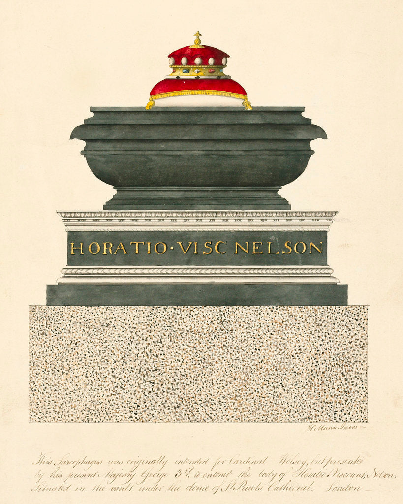 Detail of This sarcophagus was originally intended for Cardinal Wolsey, but presented by his present Majesty George 3rd to entomb the body of Horatio Viscount Nelson, situated in the vault under the dome of St Paul's Cathedral, London by H. Munn Sheers