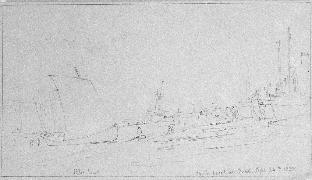 Detail of Beach scene at Deal. A pilot boat on shore drying sails by Edward William Cooke