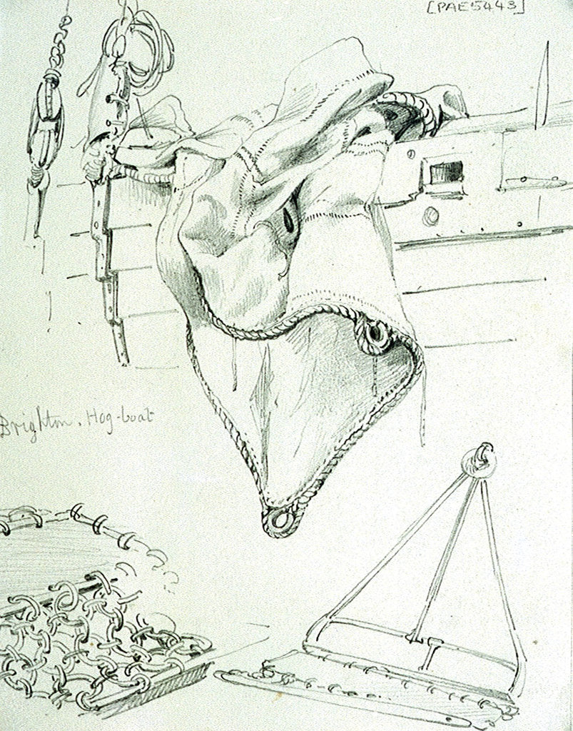 Detail of A sail hanging over the side of a hog boat, Brighton, oyster dredgers (1829) by Edward William Cooke