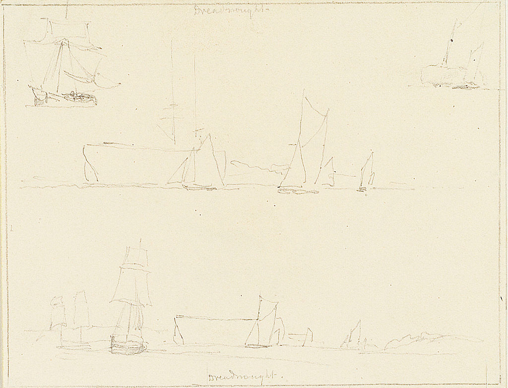 Detail of The 'Dreadnought', with barges and other vessels, possibly in the Thames at Greenwich by Edward William Cooke