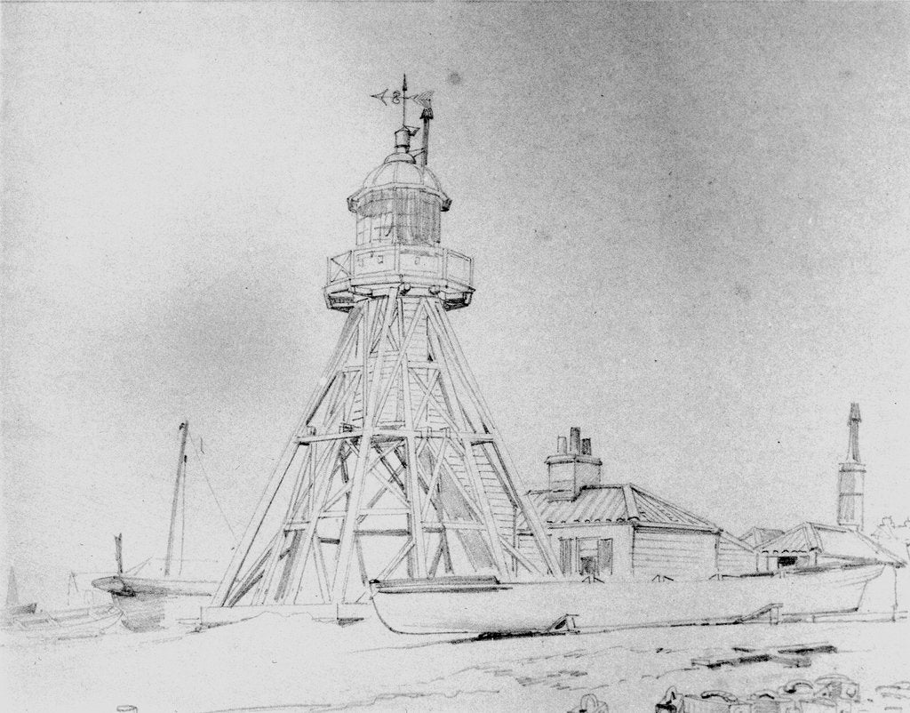 Detail of Lowestoft lighthouse, a detailed study, with a beach yawl and other craft, and a pile of ballast pigs in the foreground by Edward William Cooke